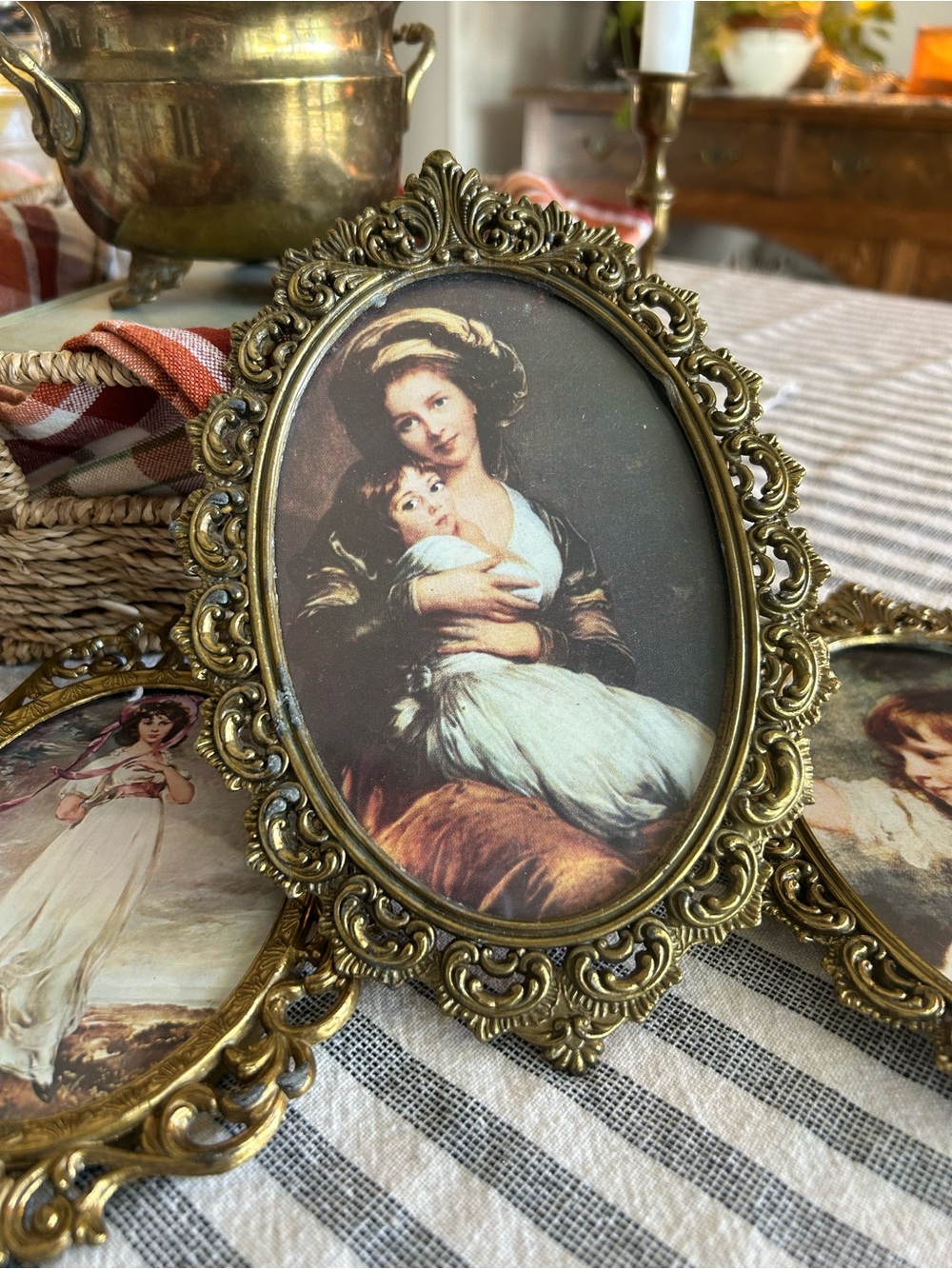 Vintage Italian Ornate Brass Oval Portraits (3)